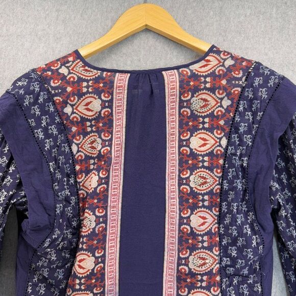 Sea New York Womens Size 4 Printed Boho Blouse Navy Blue Red Peasant India VNeck - Picture 9 of 12